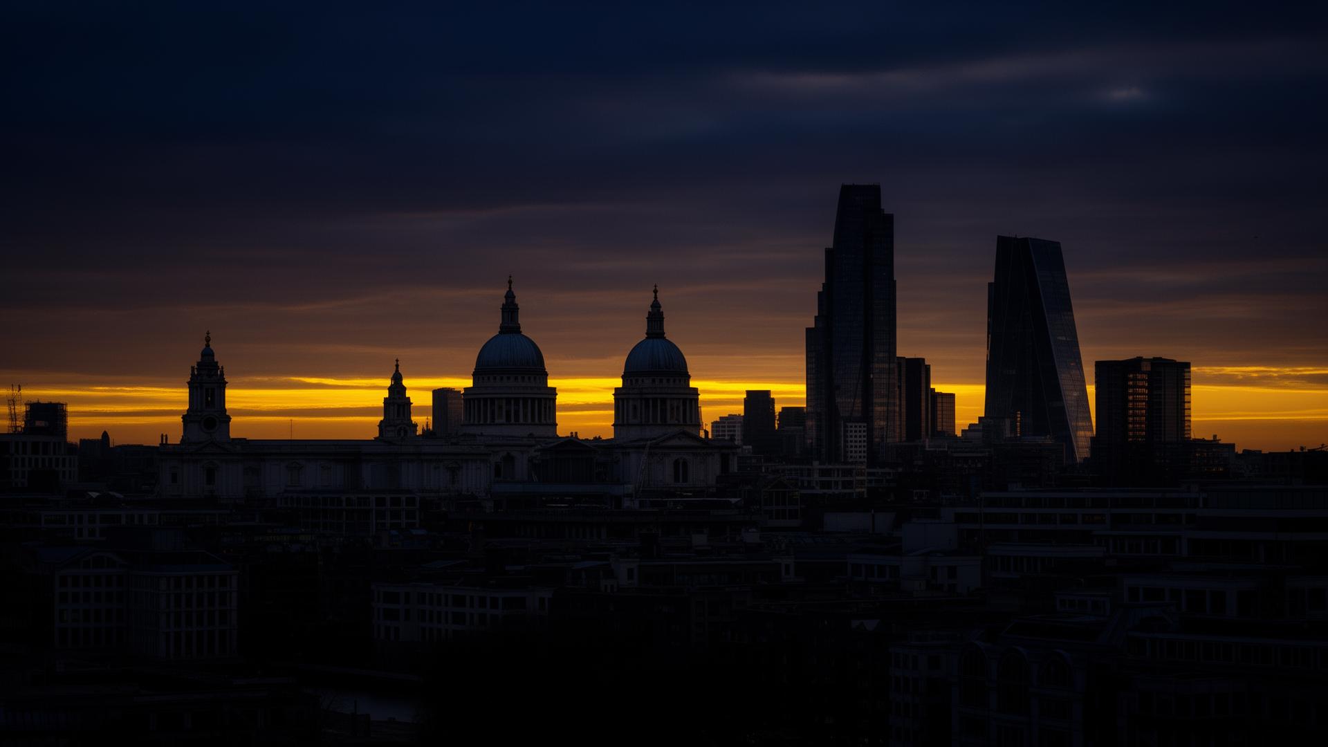 London skyline at dusk with St Paul's and modern towers